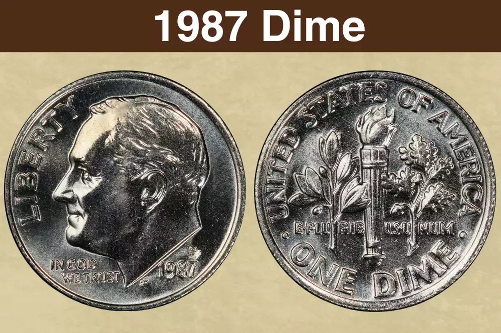 1987 Roosevelt dime obverse and reverse showing mint mark and torch design