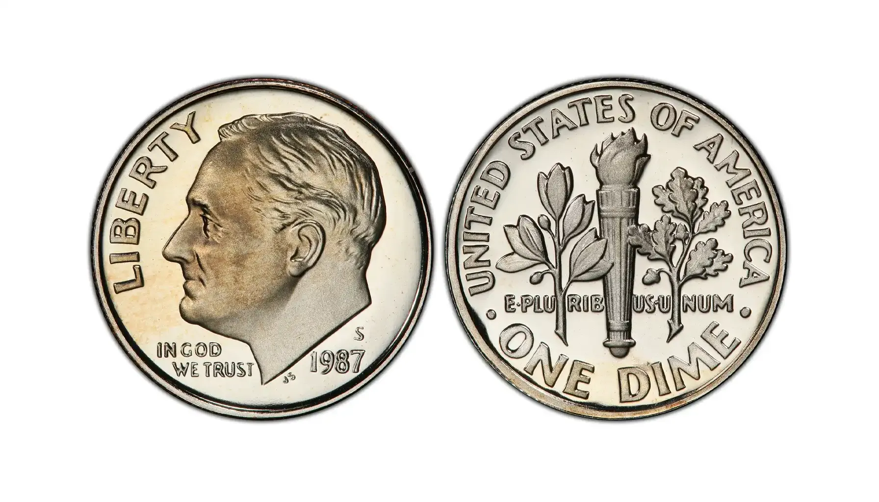1987 dime torch comparison: standard strike bands vs Full Bands separation under magnification