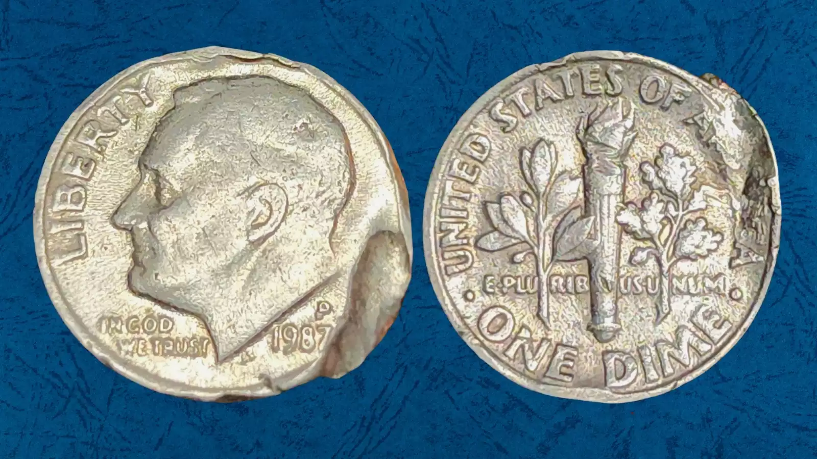 1987 dime wrong planchet error showing size mismatch or color difference from standard dime planchet