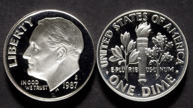 1987 Roosevelt dimes showing Philadelphia P, Denver D, and San Francisco S proof varieties together