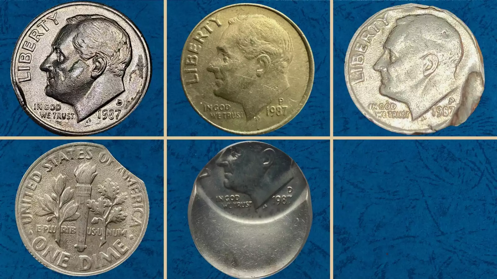1987 Roosevelt dime grading strip showing four condition tiers from worn Good to Gem Mint State